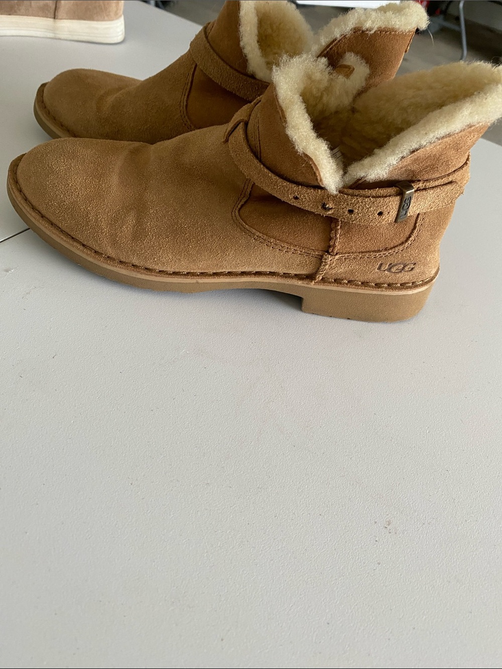 UGG Chestnut Suede Shearling Strap Ankle Boots